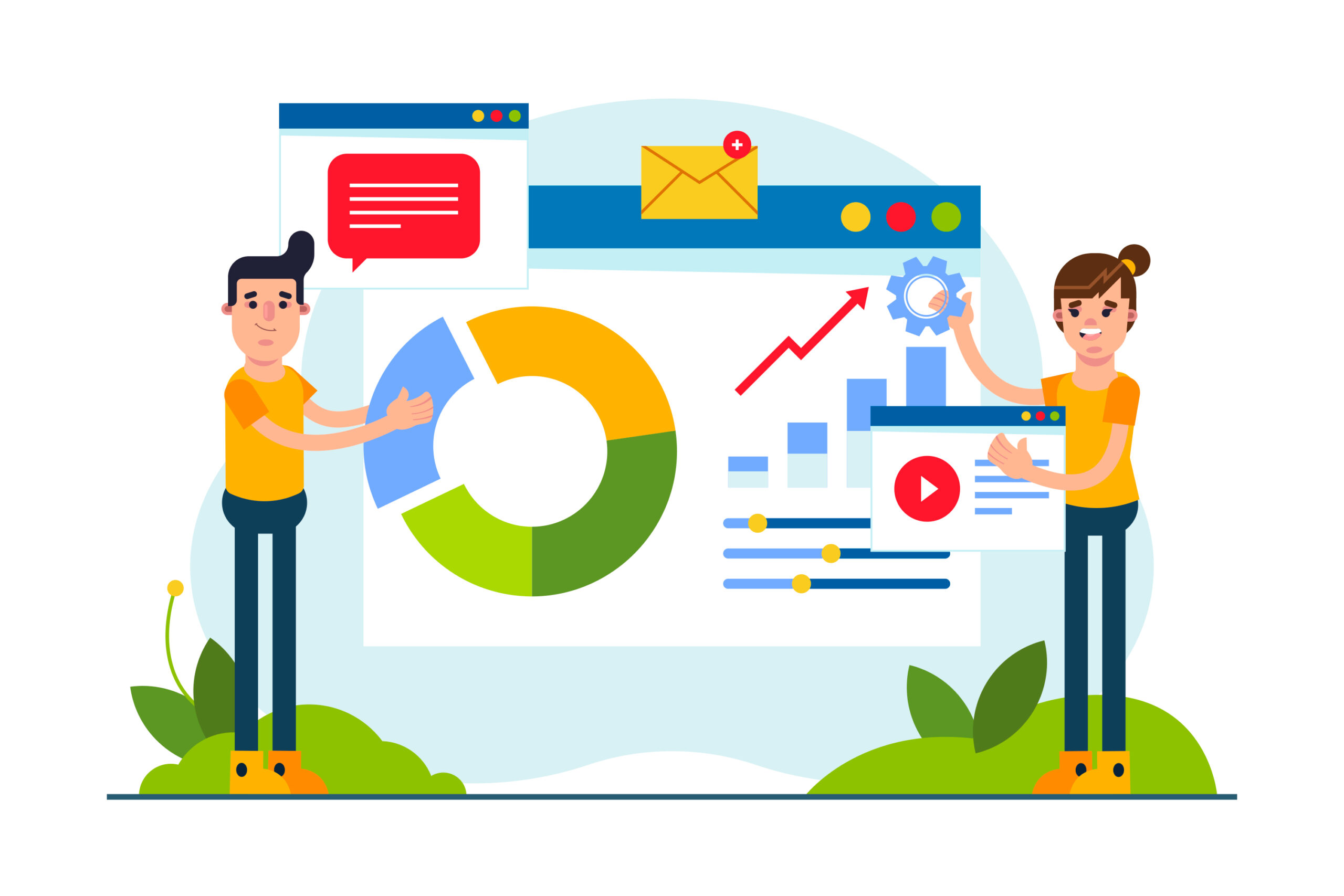 Illustration showing performance marketing with analytics dashboards, conversion charts, growth graphs, and data-driven digital advertising strategies.