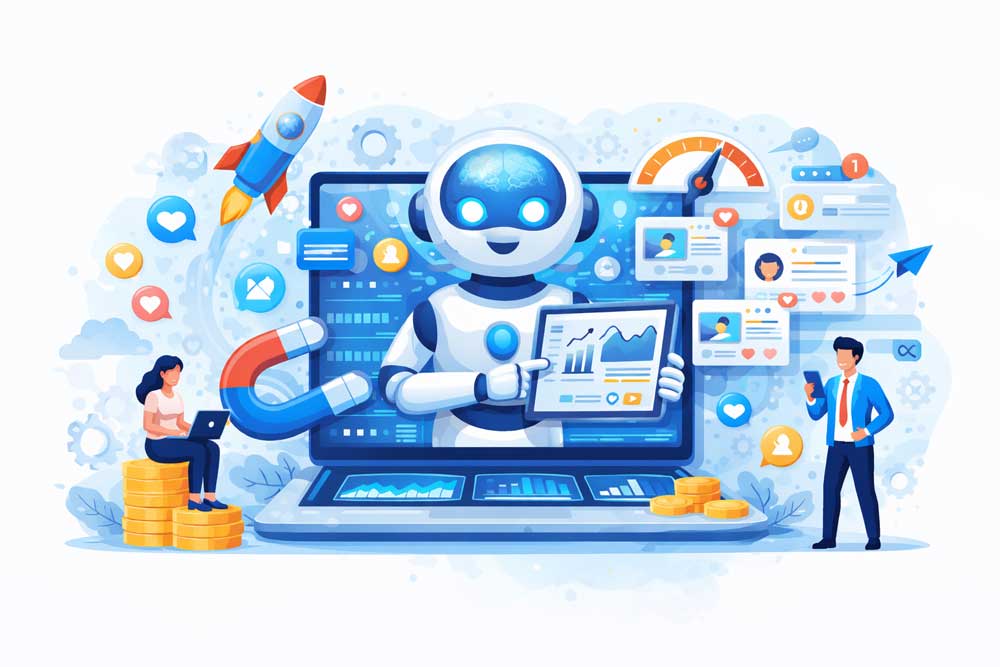 Landscape illustration of a friendly blue and white AI robot inside a laptop screen holding a tablet with analytics charts, surrounded by social media icons, a rocket, a speedometer, coins, and two professionals using a laptop and smartphone, representing fast AI-driven social media marketing.