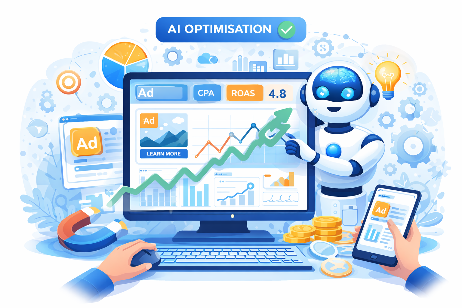 Illustration of an AI robot optimizing digital advertising on a desktop dashboard showing ad metrics like CPA and ROAS 4.8, with rising performance graphs, a magnet attracting leads, coins, and a smartphone displaying an ad campaign.