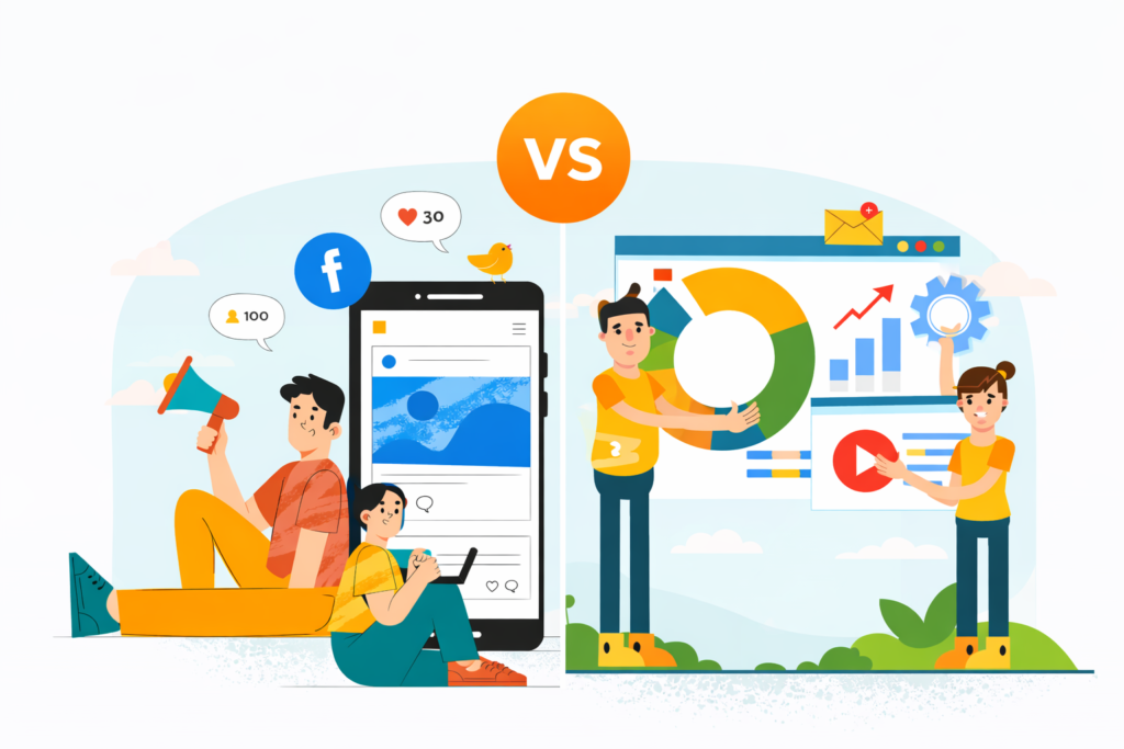 Illustration comparing social media marketing and performance marketing using engagement icons and analytics visuals in a portrait layout.
