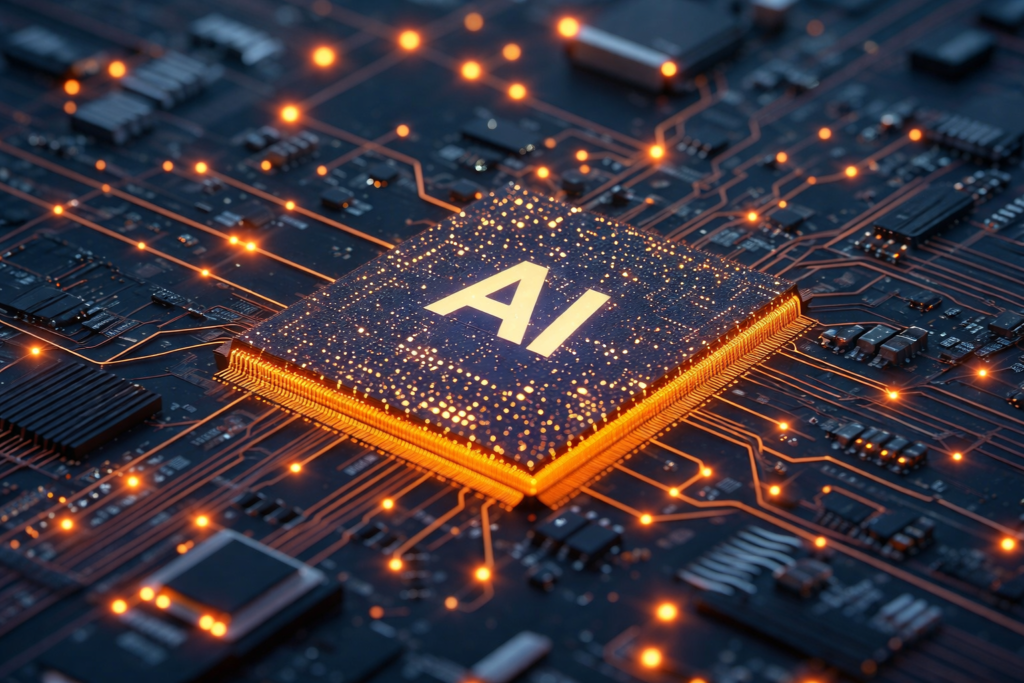 Glowing AI processor chip on a digital circuit board representing artificial intelligence in digital marketing