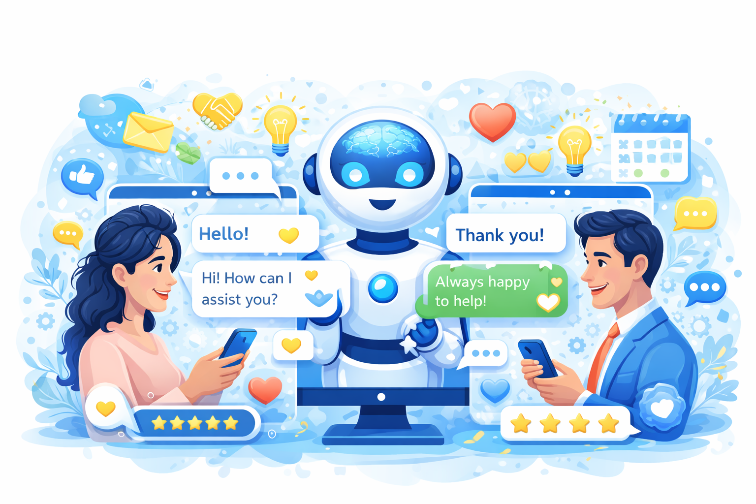 Landscape illustration of a friendly AI chatbot displayed on a screen interacting with a smiling woman and man using smartphones, surrounded by chat bubbles, heart icons, rating stars, light bulbs, and messaging symbols representing personalized digital communication.