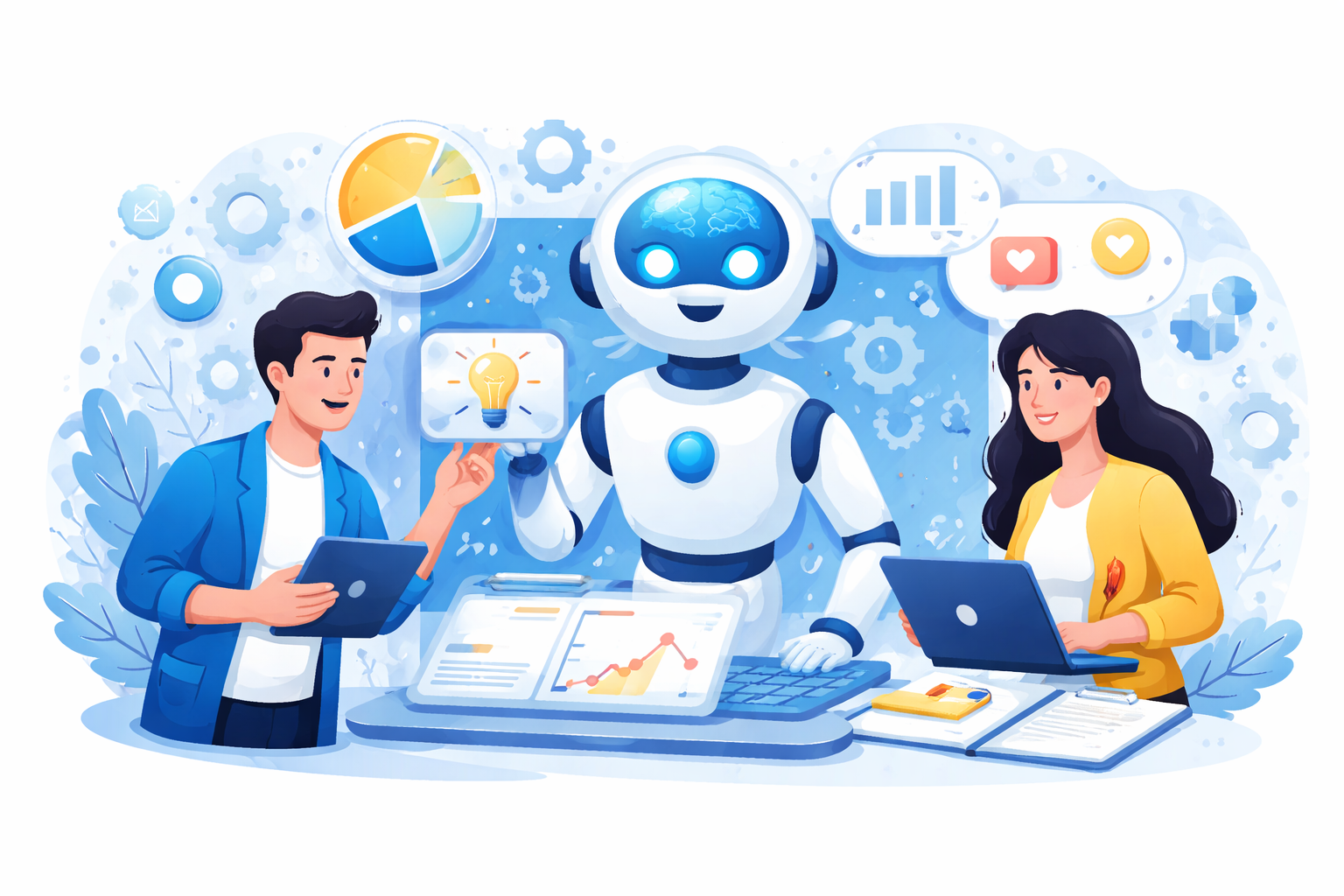 AI in digital marketing showing human and artificial intelligence collaboration for business growth