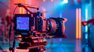 Professional cinema camera on a tripod in a colorful studio with vibrant neon lights, representing video production and creative video making.