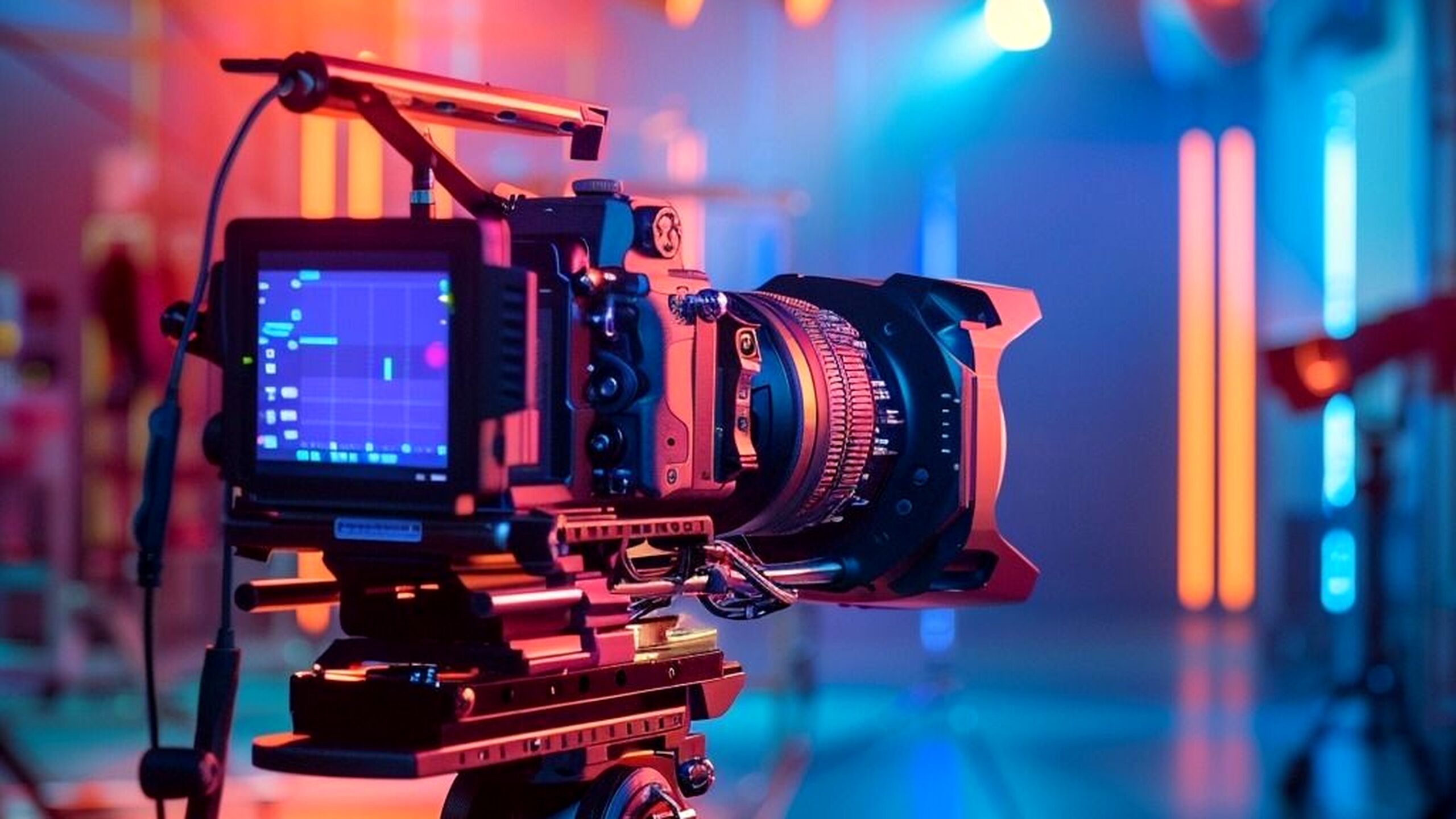 Professional cinema camera on a tripod in a colorful studio with vibrant neon lights, representing video production and creative video making.