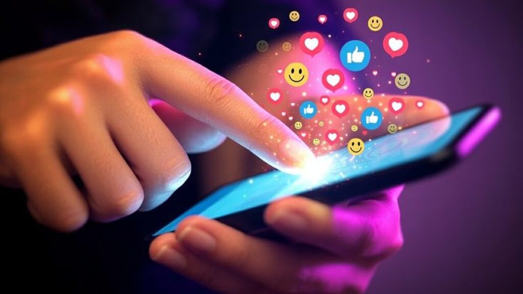 Hand using smartphone with floating social media icons like likes, hearts, and emojis, representing digital engagement and mobile interaction