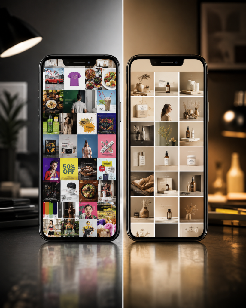 Side-by-side comparison of a messy social media feed and a clean premium branded feed displayed on two smartphones.