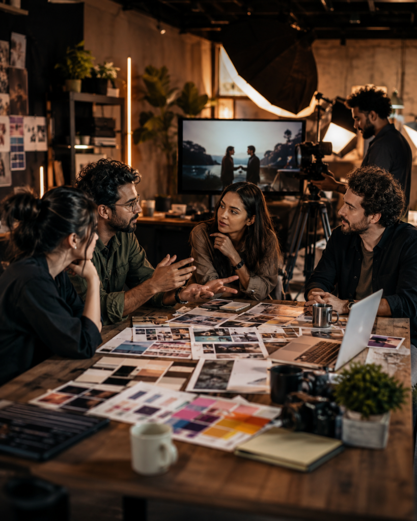 Creative agency team discussing branding ideas in a cinematic studio workspace with filmmaking setup and mood boards.