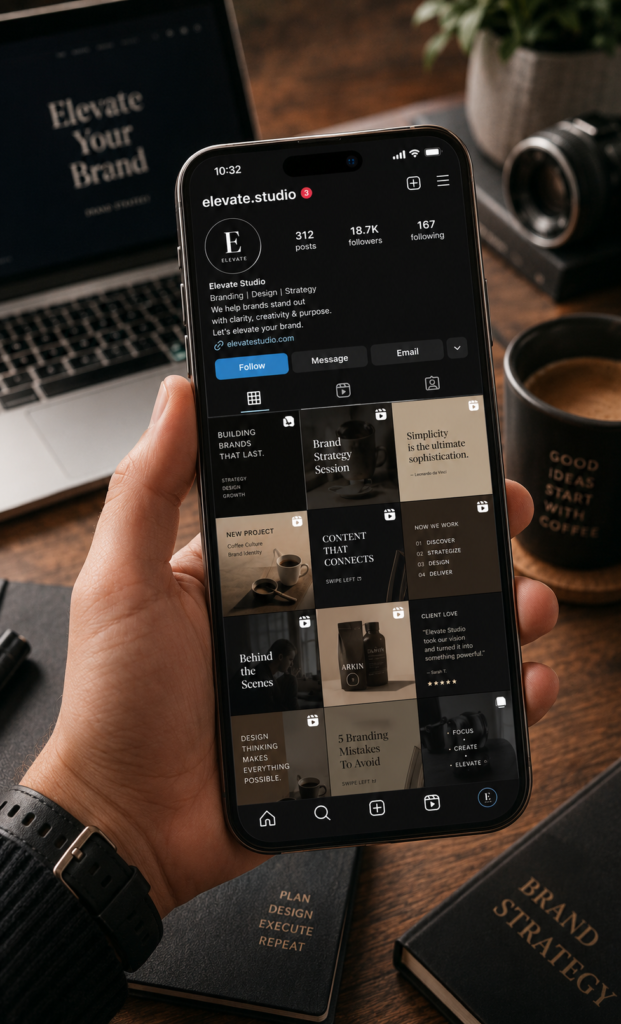 Modern smartphone displaying a luxury Instagram branding feed in a cinematic creative workspace setup.