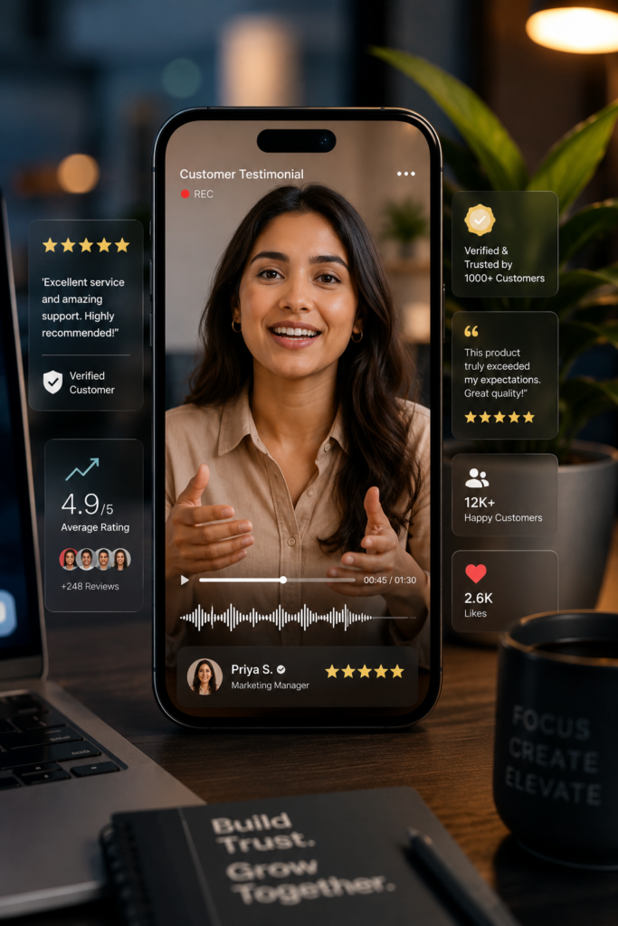 Smiling customer testimonial video displayed on a smartphone with floating review ratings and premium social proof elements in a modern workspace.