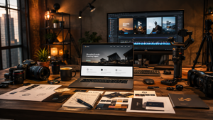 Modern creative workspace with a laptop displaying a professional website, surrounded by DSLR cameras, lenses, branding materials, and social media design layouts in a cinematic studio setting with warm ambient lighting.