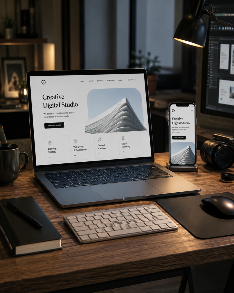 Laptop and mobile displaying a modern website mockup on a cinematic creative workspace desk.