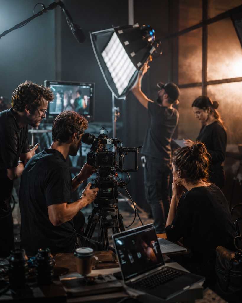 Professional video production team working in a cinematic studio setup with camera and lights.