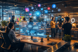 Modern digital workspace showcasing Digital Marketing Trends with AI analytics, social media strategy, and professional video production setup by a digital marketing agency in Thodupuzha.
