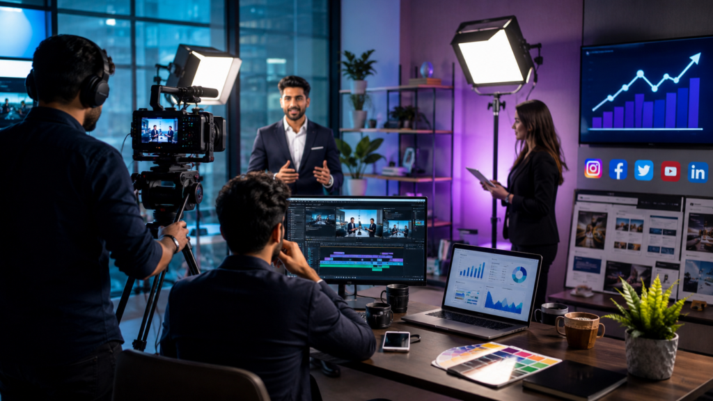 Professional video production team creating a business promotional video for digital marketing and branding.
