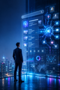 Business professional using a futuristic AI search interface illustrating AI Search SEO 2026 and AI search optimization.